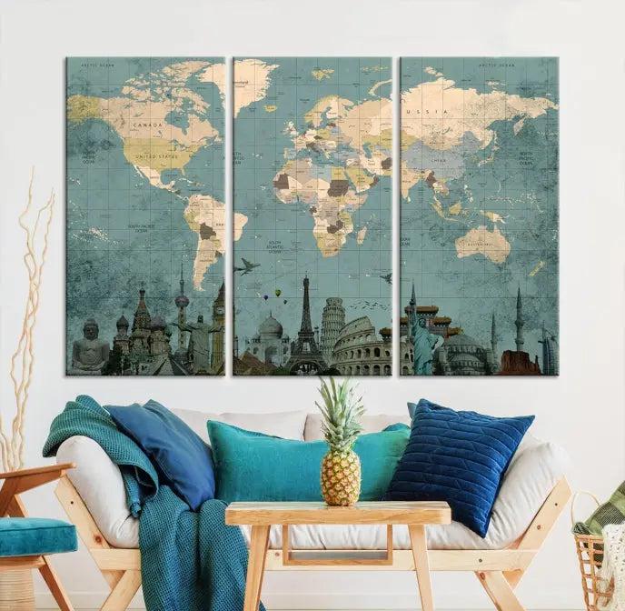 Featuring a vintage-style multi-panel Grunge Green World Map Canvas Print adorned with landmark illustrations from the Wonder of World Map Push Pin Canvas Print.