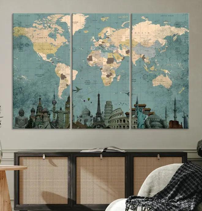 Featuring a vintage-style multi-panel Grunge Green World Map Canvas Print adorned with landmark illustrations from the Wonder of World Map Push Pin Canvas Print.