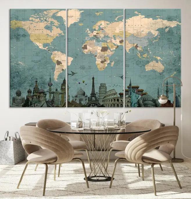 Featuring a vintage-style multi-panel Grunge Green World Map Canvas Print adorned with landmark illustrations from the Wonder of World Map Push Pin Canvas Print.