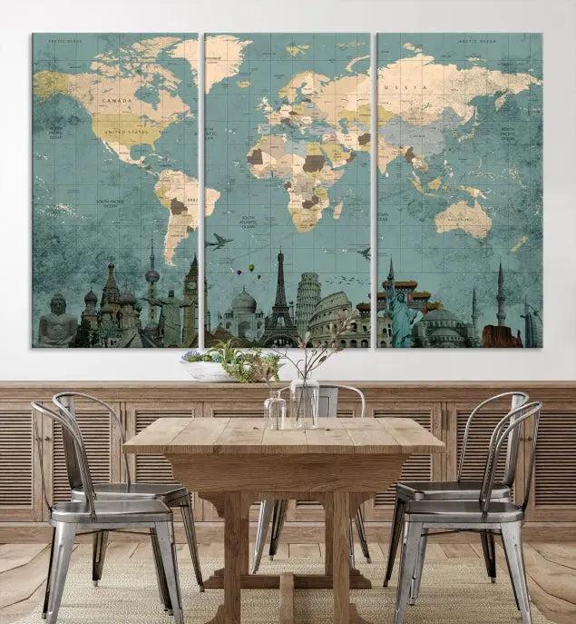 Featuring a vintage-style multi-panel Grunge Green World Map Canvas Print adorned with landmark illustrations from the Wonder of World Map Push Pin Canvas Print.