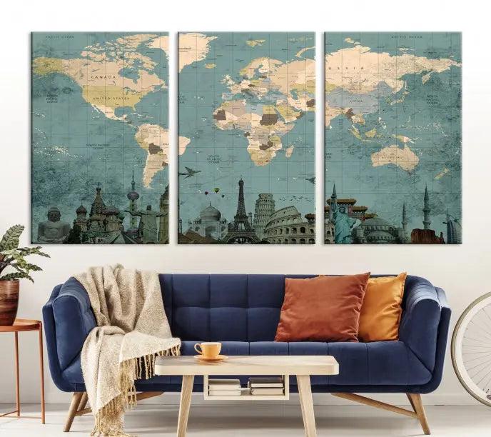 Featuring a vintage-style multi-panel Grunge Green World Map Canvas Print adorned with landmark illustrations from the Wonder of World Map Push Pin Canvas Print.