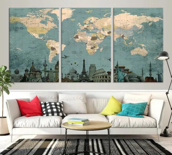 Featuring a vintage-style multi-panel Grunge Green World Map Canvas Print adorned with landmark illustrations from the Wonder of World Map Push Pin Canvas Print.