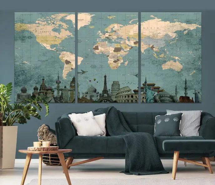 Featuring a vintage-style multi-panel Grunge Green World Map Canvas Print adorned with landmark illustrations from the Wonder of World Map Push Pin Canvas Print.