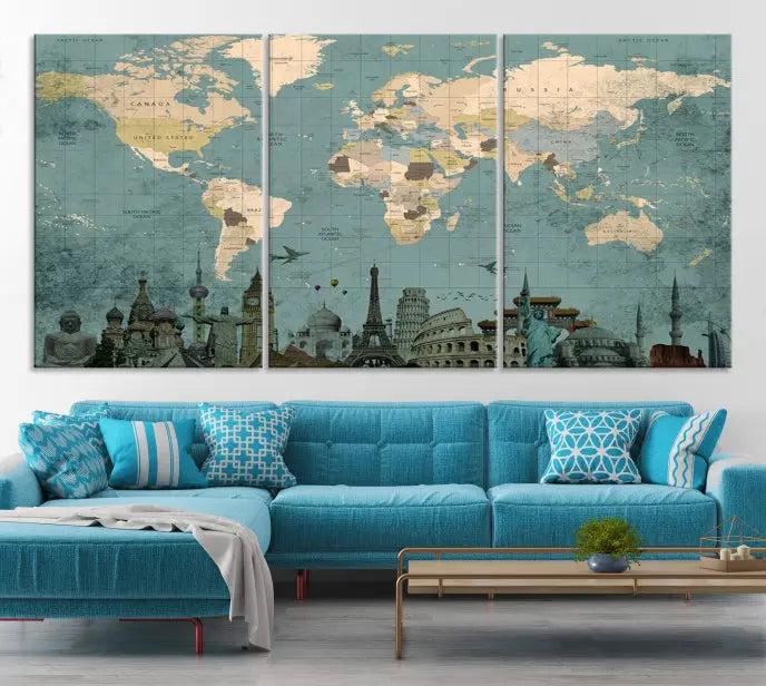 Featuring a vintage-style multi-panel Grunge Green World Map Canvas Print adorned with landmark illustrations from the Wonder of World Map Push Pin Canvas Print.