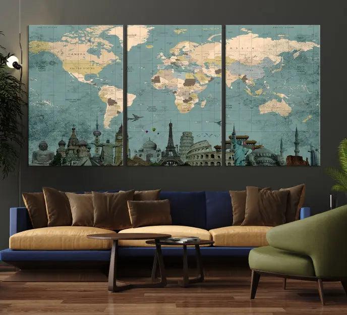 Featuring a vintage-style multi-panel Grunge Green World Map Canvas Print adorned with landmark illustrations from the Wonder of World Map Push Pin Canvas Print.