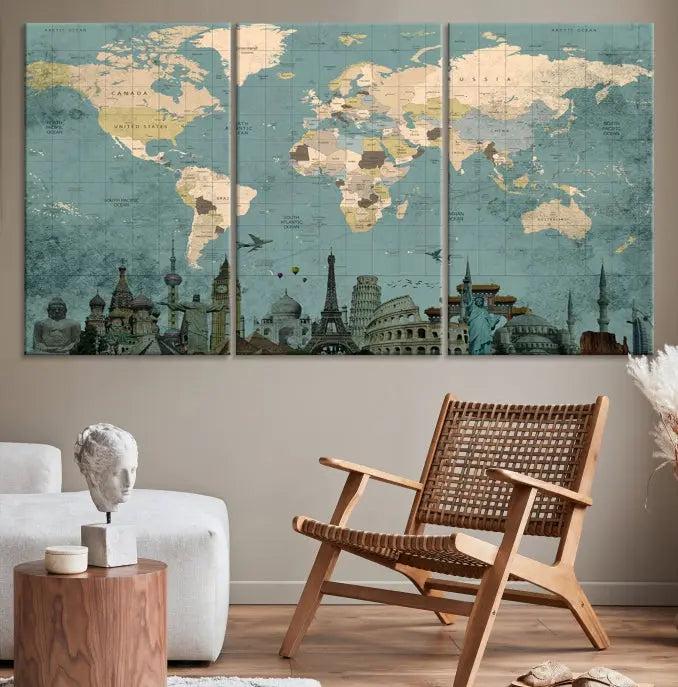 Featuring a vintage-style multi-panel Grunge Green World Map Canvas Print adorned with landmark illustrations from the Wonder of World Map Push Pin Canvas Print.