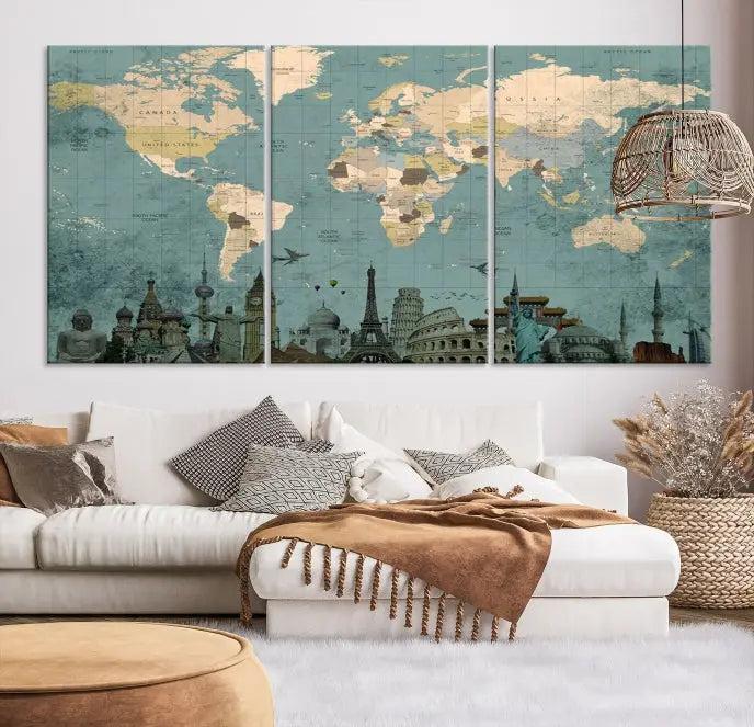 Featuring a vintage-style multi-panel Grunge Green World Map Canvas Print adorned with landmark illustrations from the Wonder of World Map Push Pin Canvas Print.