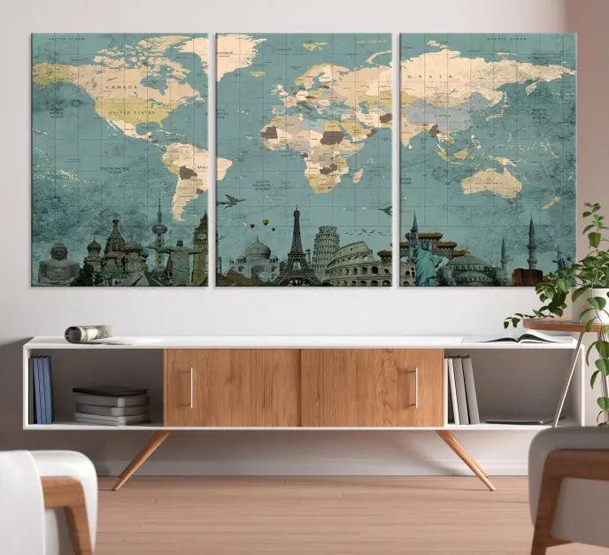 Featuring a vintage-style multi-panel Grunge Green World Map Canvas Print adorned with landmark illustrations from the Wonder of World Map Push Pin Canvas Print.