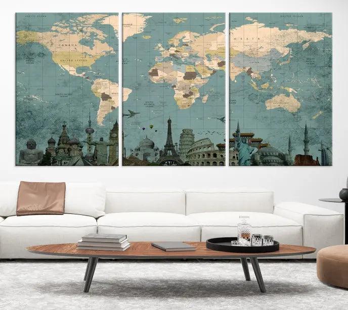 Featuring a vintage-style multi-panel Grunge Green World Map Canvas Print adorned with landmark illustrations from the Wonder of World Map Push Pin Canvas Print.