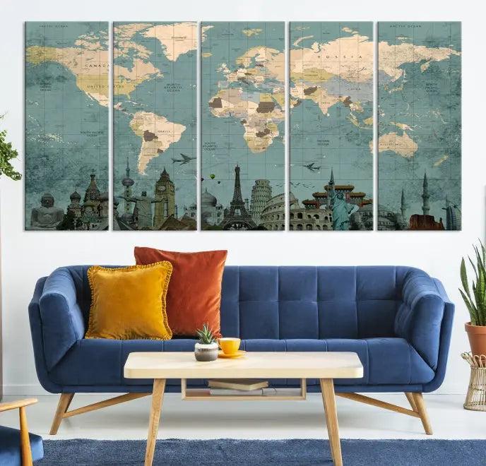 Featuring a vintage-style multi-panel Grunge Green World Map Canvas Print adorned with landmark illustrations from the Wonder of World Map Push Pin Canvas Print.