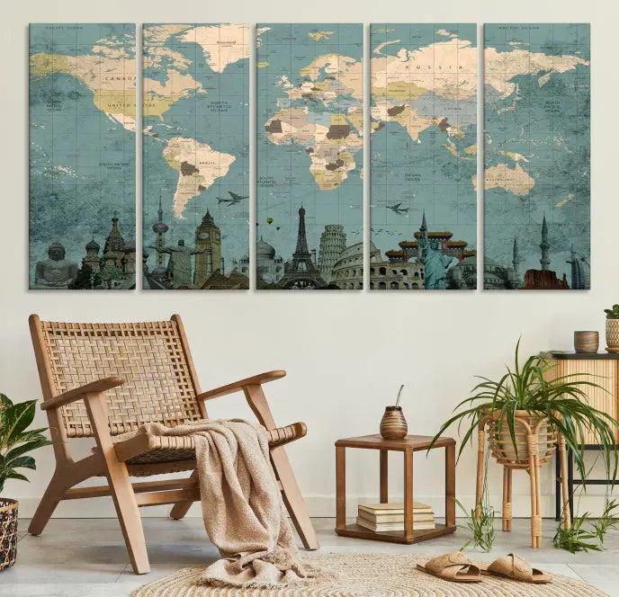 Featuring a vintage-style multi-panel Grunge Green World Map Canvas Print adorned with landmark illustrations from the Wonder of World Map Push Pin Canvas Print.