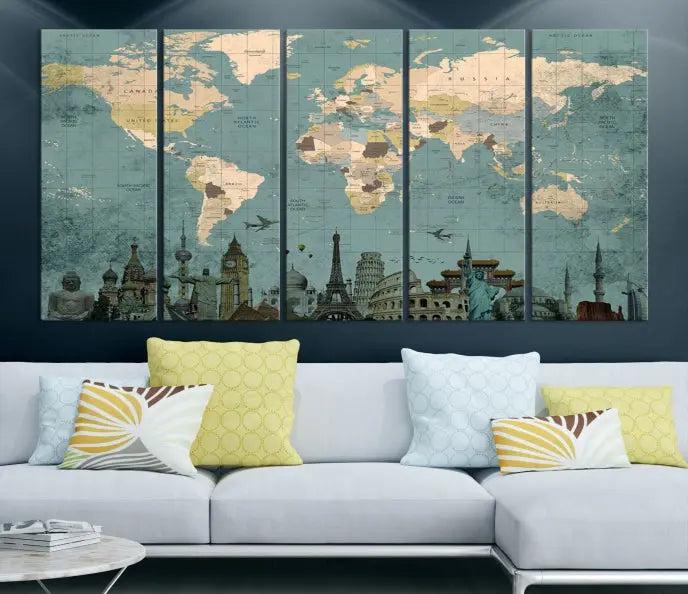 Featuring a vintage-style multi-panel Grunge Green World Map Canvas Print adorned with landmark illustrations from the Wonder of World Map Push Pin Canvas Print.