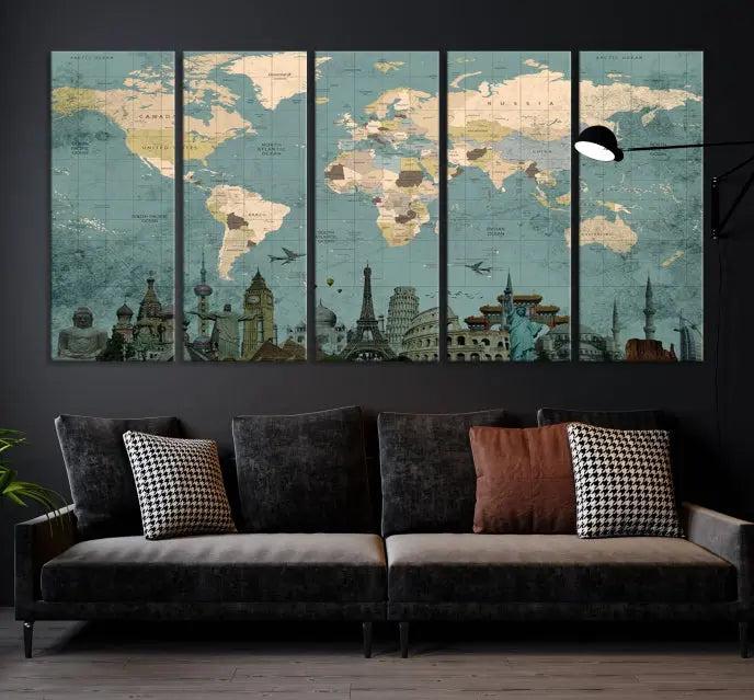 Featuring a vintage-style multi-panel Grunge Green World Map Canvas Print adorned with landmark illustrations from the Wonder of World Map Push Pin Canvas Print.