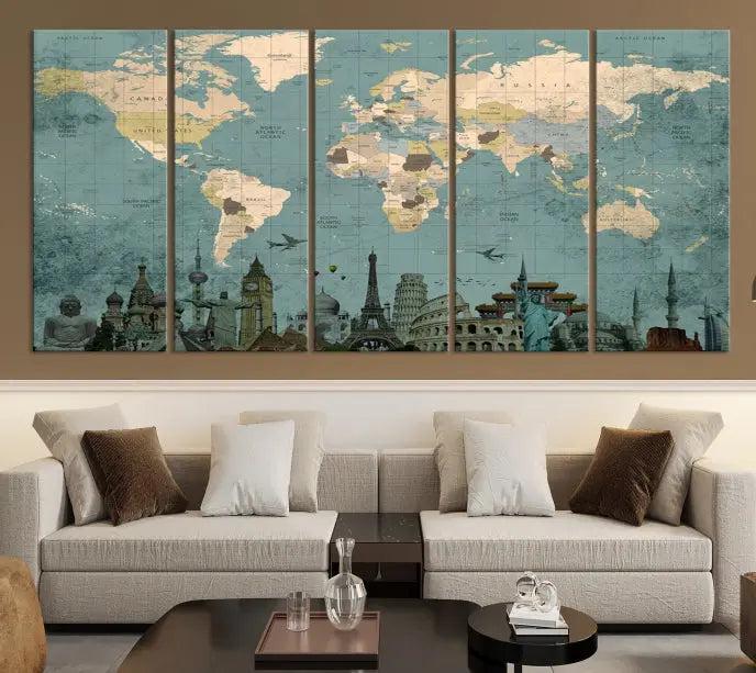 Featuring a vintage-style multi-panel Grunge Green World Map Canvas Print adorned with landmark illustrations from the Wonder of World Map Push Pin Canvas Print.