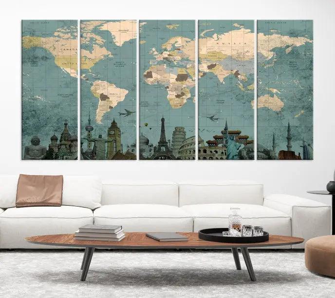 Featuring a vintage-style multi-panel Grunge Green World Map Canvas Print adorned with landmark illustrations from the Wonder of World Map Push Pin Canvas Print.