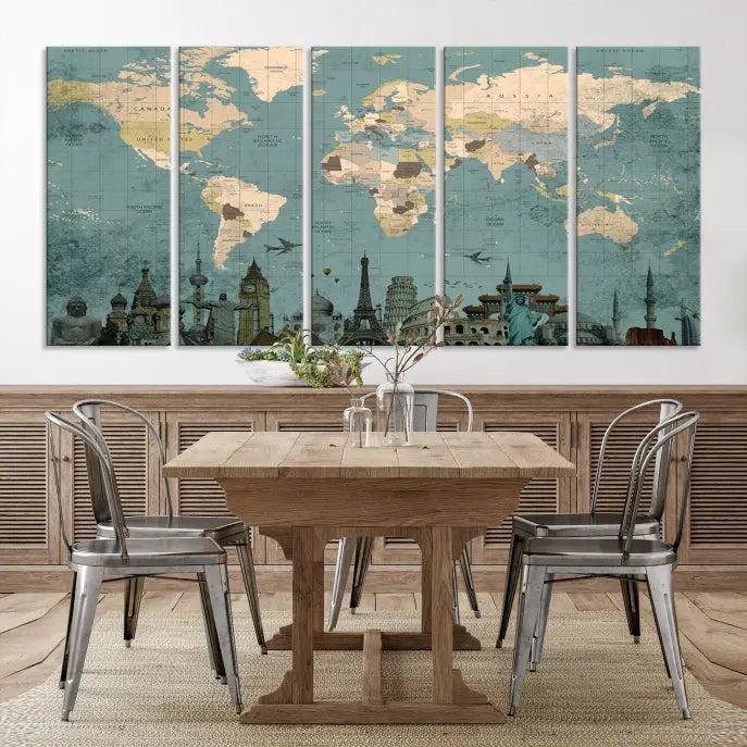 Featuring a vintage-style multi-panel Grunge Green World Map Canvas Print adorned with landmark illustrations from the Wonder of World Map Push Pin Canvas Print.