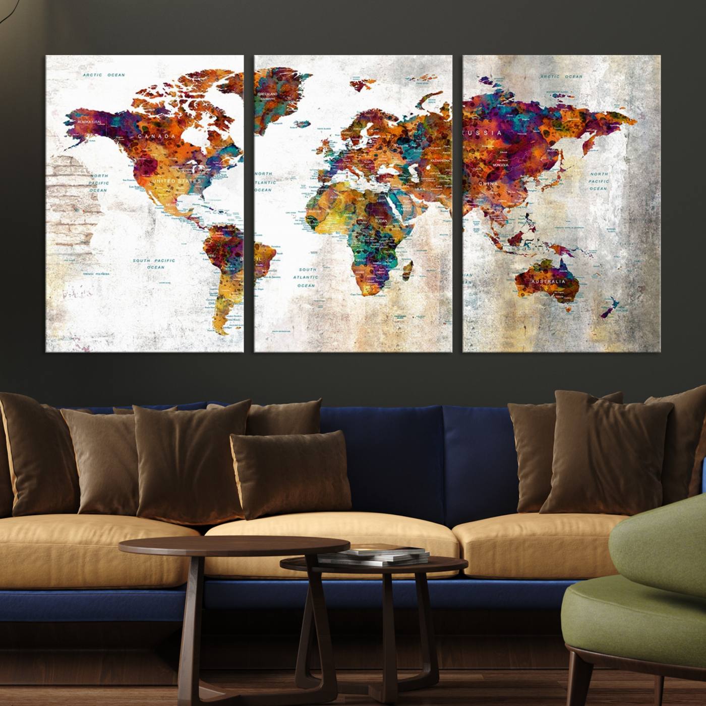 17846-MGV-CV-36X24-Grunge Map on Canvas Gallery Wall Set of 3 Panels Gift Traveler