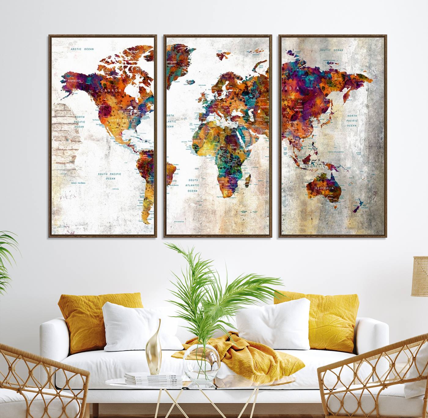 17846-MGV-CV-36X24-Grunge Map on Canvas Gallery Wall Set of 3 Panels Gift Traveler