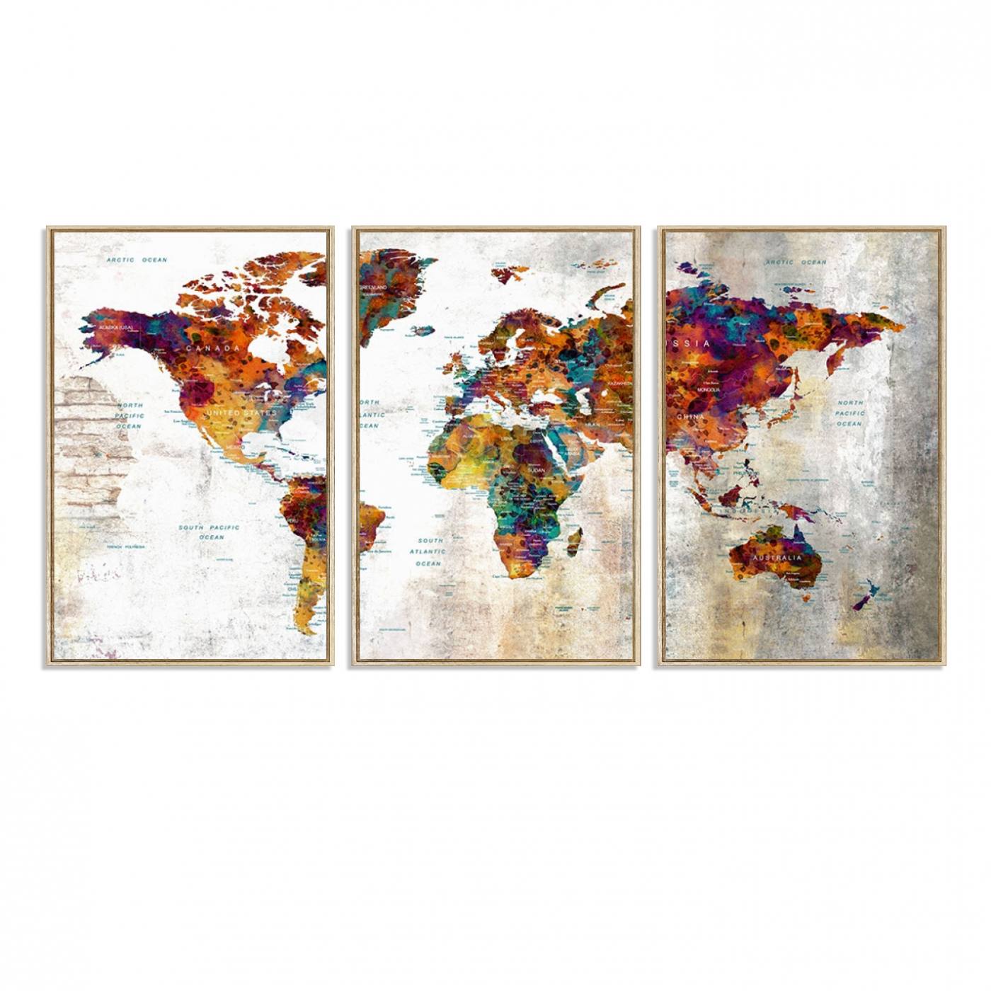 17846-MGV-FC-60X30-3P_Natural-Grunge Map on Canvas Gallery Wall Set of 3 Panels Gift Traveler