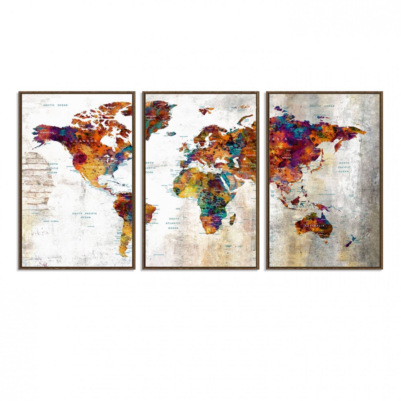 17846-MGV-FC-60X30-3P_Walnut-Grunge Map on Canvas Gallery Wall Set of 3 Panels Gift Traveler