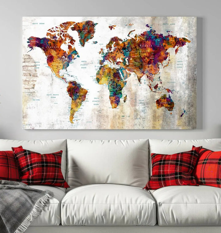 A vibrant "Grunge Map on Canvas Gallery Wall Set of 3 Panels Gift Traveler" adorns the wall, enhanced with a UV-protective coating. This museum-quality canvas piece adds vibrancy and style to your room, complemented by the added bonus of free shipping.