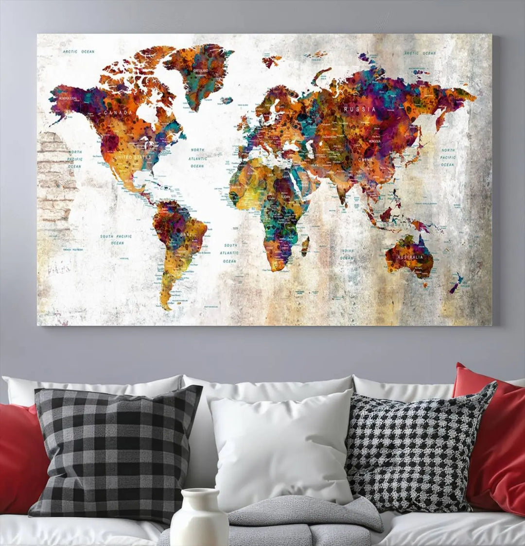 A vibrant "Grunge Map on Canvas Gallery Wall Set of 3 Panels Gift Traveler" adorns the wall, enhanced with a UV-protective coating. This museum-quality canvas piece adds vibrancy and style to your room, complemented by the added bonus of free shipping.