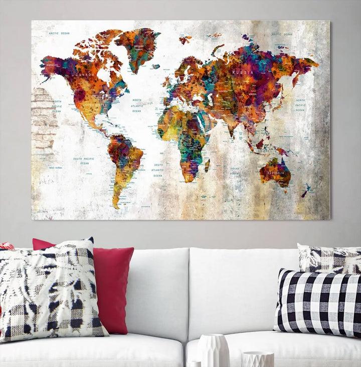 A vibrant "Grunge Map on Canvas Gallery Wall Set of 3 Panels Gift Traveler" adorns the wall, enhanced with a UV-protective coating. This museum-quality canvas piece adds vibrancy and style to your room, complemented by the added bonus of free shipping.