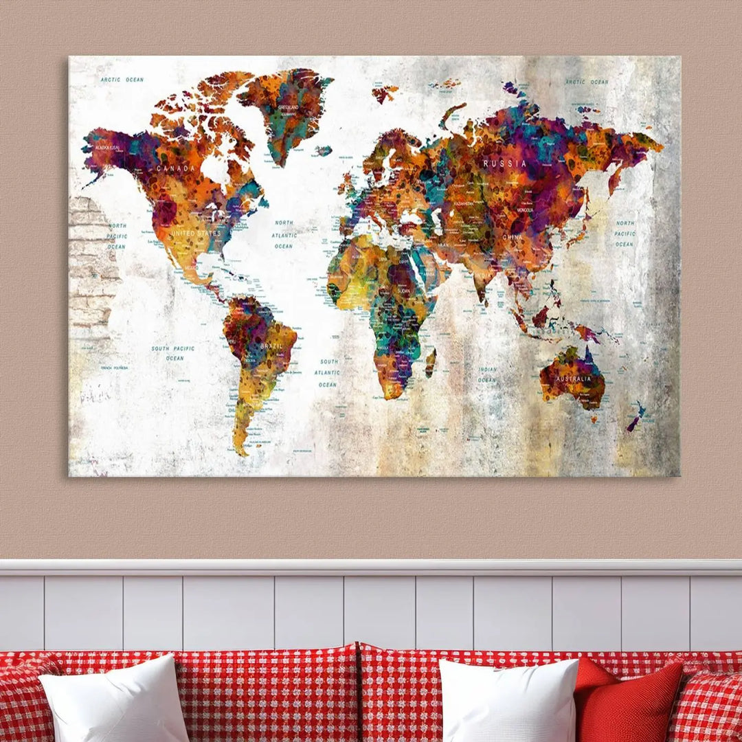 A vibrant "Grunge Map on Canvas Gallery Wall Set of 3 Panels Gift Traveler" adorns the wall, enhanced with a UV-protective coating. This museum-quality canvas piece adds vibrancy and style to your room, complemented by the added bonus of free shipping.