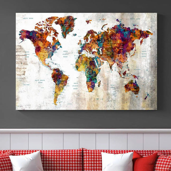 A vibrant "Grunge Map on Canvas Gallery Wall Set of 3 Panels Gift Traveler" adorns the wall, enhanced with a UV-protective coating. This museum-quality canvas piece adds vibrancy and style to your room, complemented by the added bonus of free shipping.