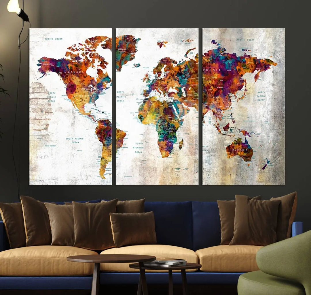 A vibrant "Grunge Map on Canvas Gallery Wall Set of 3 Panels Gift Traveler" adorns the wall, enhanced with a UV-protective coating. This museum-quality canvas piece adds vibrancy and style to your room, complemented by the added bonus of free shipping.