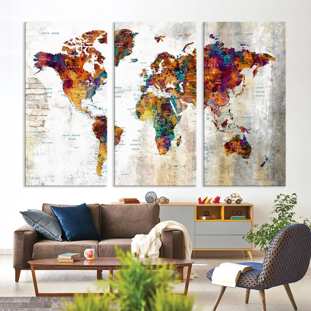 A vibrant "Grunge Map on Canvas Gallery Wall Set of 3 Panels Gift Traveler" adorns the wall, enhanced with a UV-protective coating. This museum-quality canvas piece adds vibrancy and style to your room, complemented by the added bonus of free shipping.