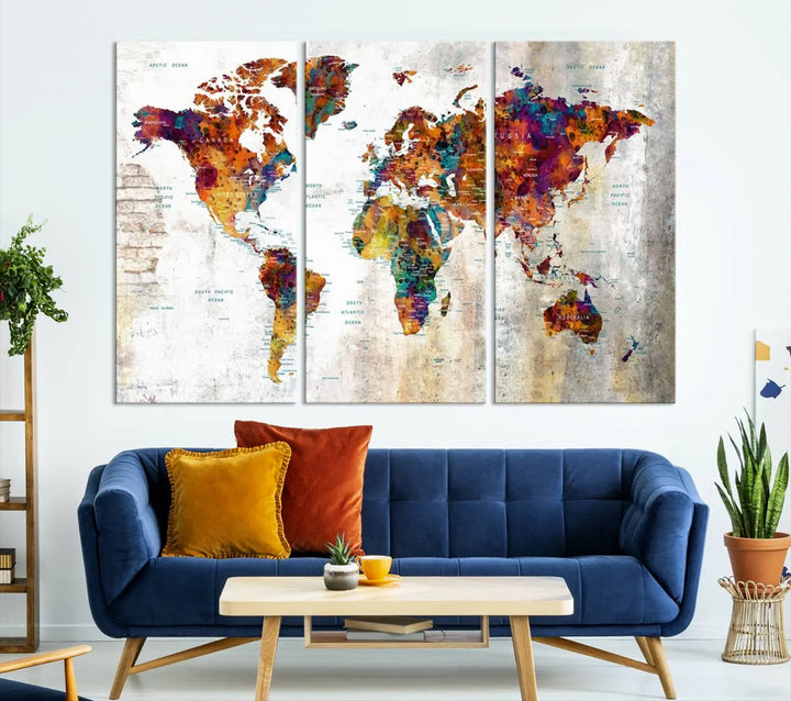 A vibrant "Grunge Map on Canvas Gallery Wall Set of 3 Panels Gift Traveler" adorns the wall, enhanced with a UV-protective coating. This museum-quality canvas piece adds vibrancy and style to your room, complemented by the added bonus of free shipping.