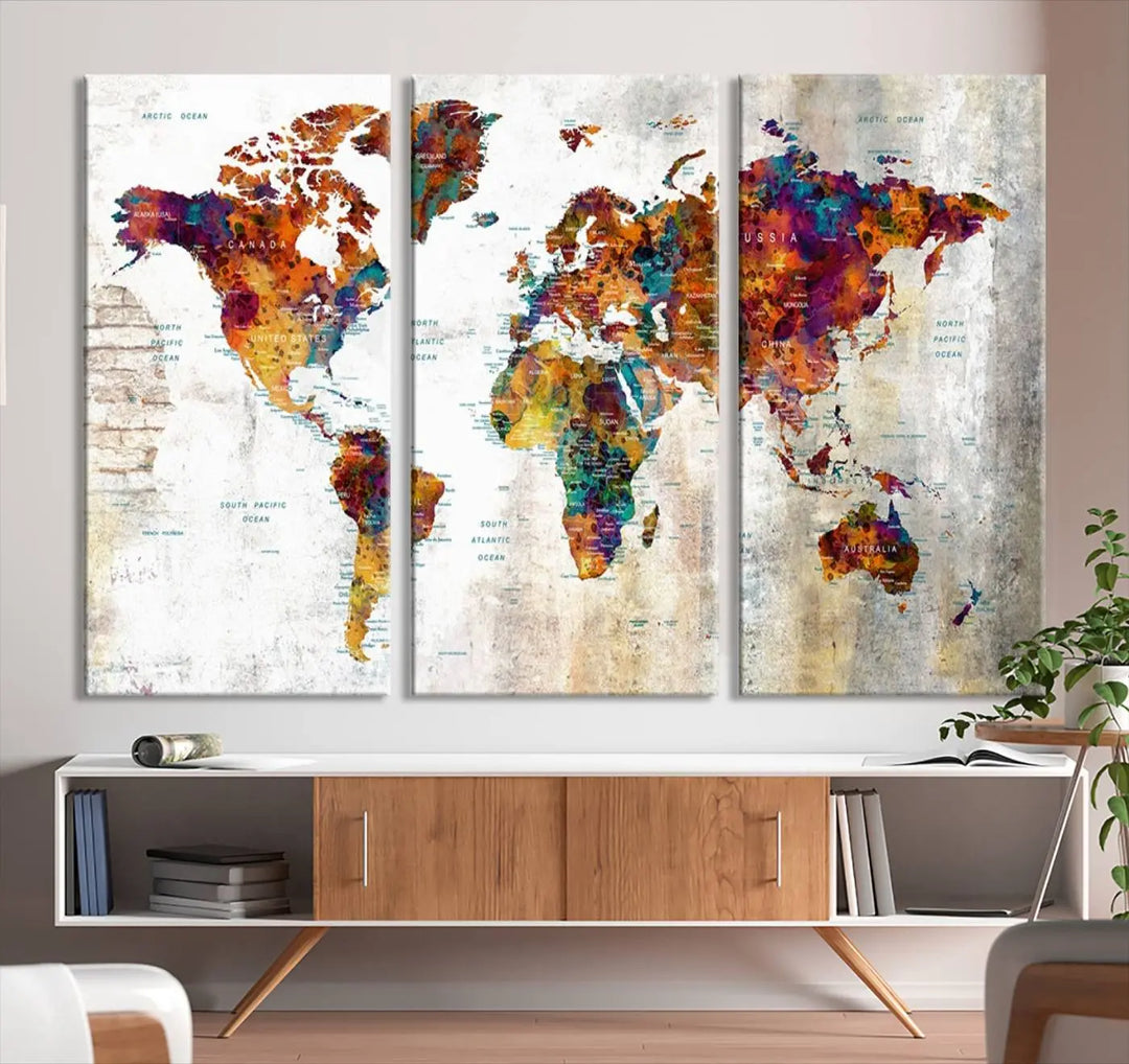 A vibrant "Grunge Map on Canvas Gallery Wall Set of 3 Panels Gift Traveler" adorns the wall, enhanced with a UV-protective coating. This museum-quality canvas piece adds vibrancy and style to your room, complemented by the added bonus of free shipping.