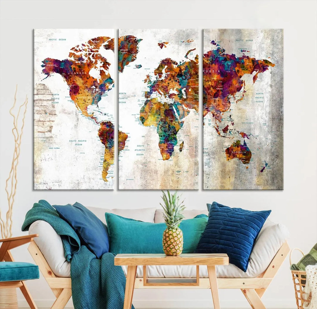 A vibrant "Grunge Map on Canvas Gallery Wall Set of 3 Panels Gift Traveler" adorns the wall, enhanced with a UV-protective coating. This museum-quality canvas piece adds vibrancy and style to your room, complemented by the added bonus of free shipping.