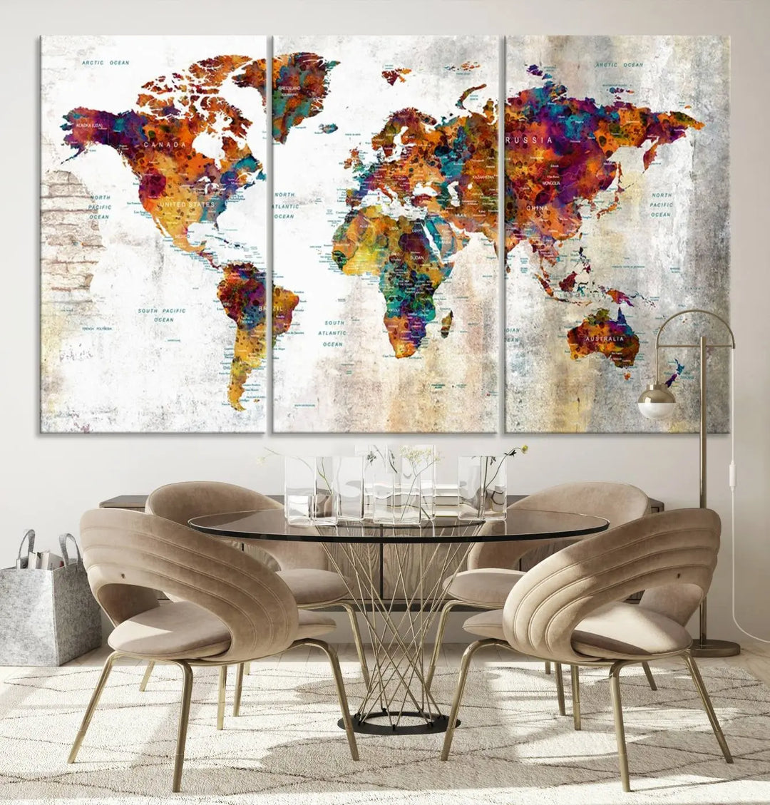 A vibrant "Grunge Map on Canvas Gallery Wall Set of 3 Panels Gift Traveler" adorns the wall, enhanced with a UV-protective coating. This museum-quality canvas piece adds vibrancy and style to your room, complemented by the added bonus of free shipping.