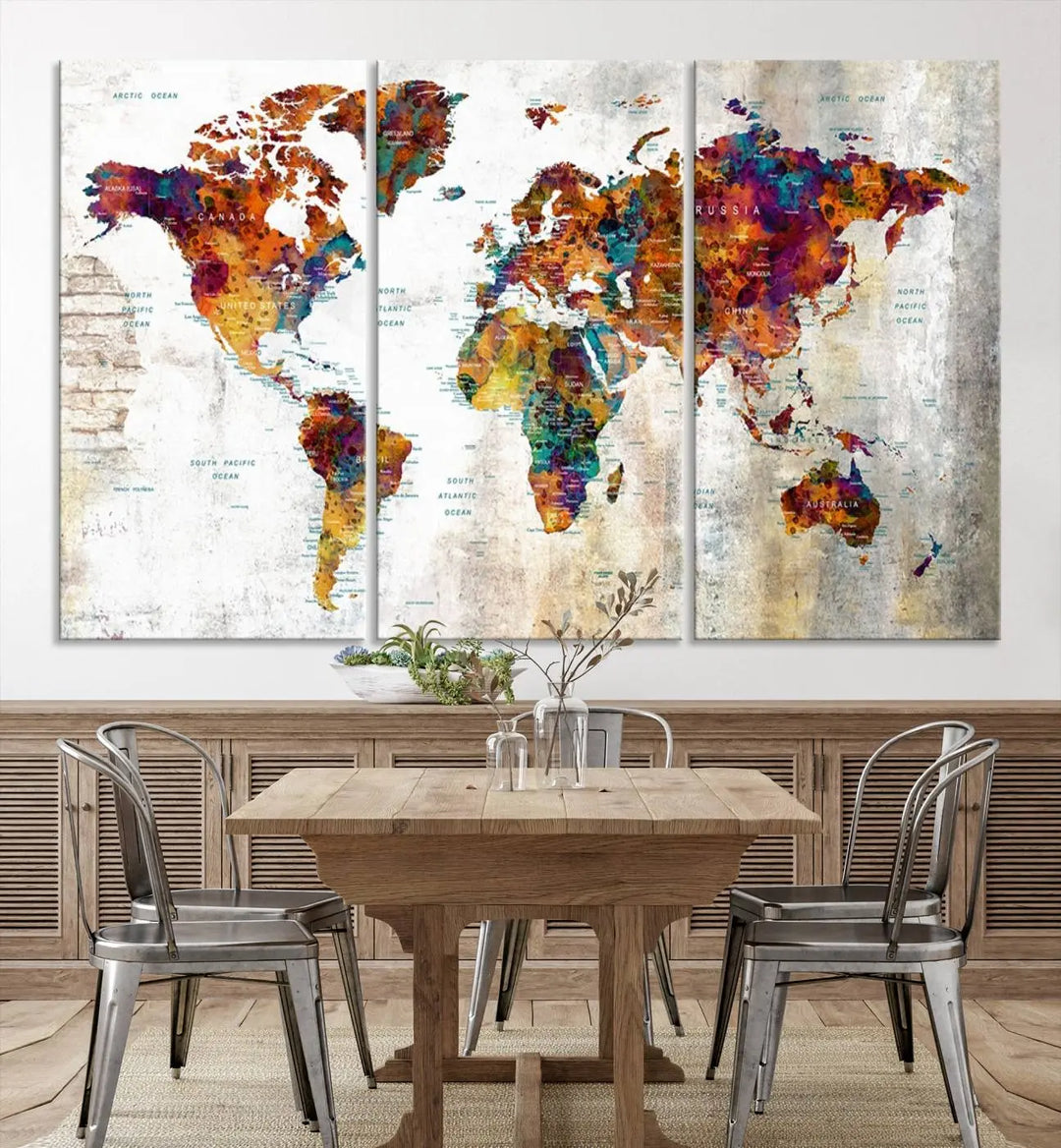 A vibrant "Grunge Map on Canvas Gallery Wall Set of 3 Panels Gift Traveler" adorns the wall, enhanced with a UV-protective coating. This museum-quality canvas piece adds vibrancy and style to your room, complemented by the added bonus of free shipping.