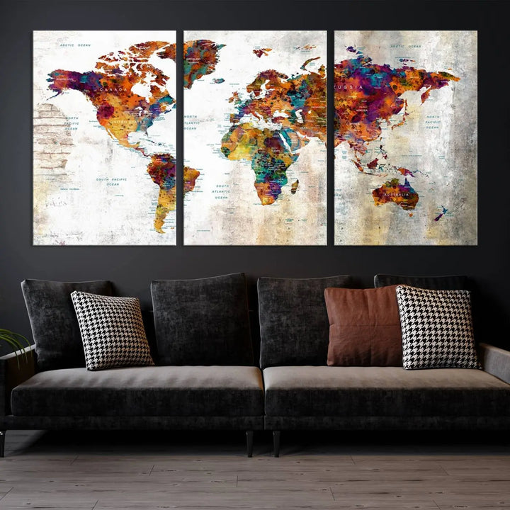 A vibrant "Grunge Map on Canvas Gallery Wall Set of 3 Panels Gift Traveler" adorns the wall, enhanced with a UV-protective coating. This museum-quality canvas piece adds vibrancy and style to your room, complemented by the added bonus of free shipping.