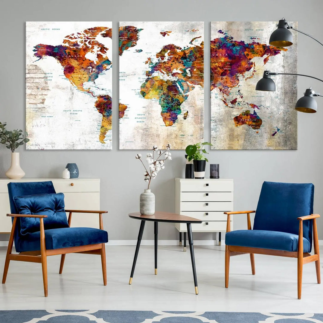 A vibrant "Grunge Map on Canvas Gallery Wall Set of 3 Panels Gift Traveler" adorns the wall, enhanced with a UV-protective coating. This museum-quality canvas piece adds vibrancy and style to your room, complemented by the added bonus of free shipping.