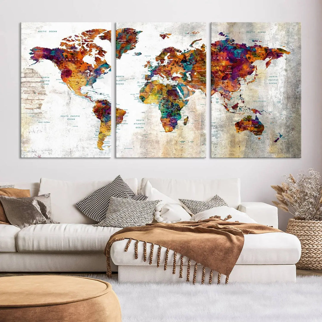 A vibrant "Grunge Map on Canvas Gallery Wall Set of 3 Panels Gift Traveler" adorns the wall, enhanced with a UV-protective coating. This museum-quality canvas piece adds vibrancy and style to your room, complemented by the added bonus of free shipping.