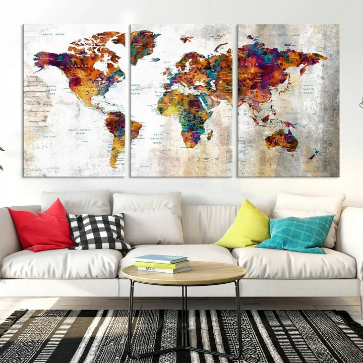 A vibrant "Grunge Map on Canvas Gallery Wall Set of 3 Panels Gift Traveler" adorns the wall, enhanced with a UV-protective coating. This museum-quality canvas piece adds vibrancy and style to your room, complemented by the added bonus of free shipping.