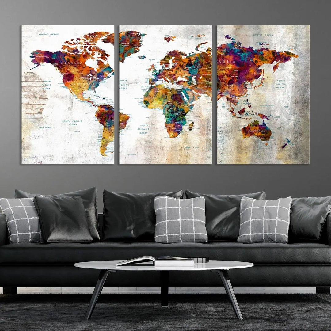 A vibrant "Grunge Map on Canvas Gallery Wall Set of 3 Panels Gift Traveler" adorns the wall, enhanced with a UV-protective coating. This museum-quality canvas piece adds vibrancy and style to your room, complemented by the added bonus of free shipping.