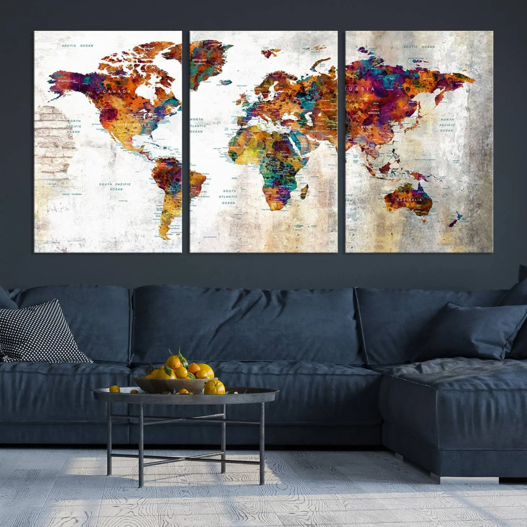 A vibrant "Grunge Map on Canvas Gallery Wall Set of 3 Panels Gift Traveler" adorns the wall, enhanced with a UV-protective coating. This museum-quality canvas piece adds vibrancy and style to your room, complemented by the added bonus of free shipping.