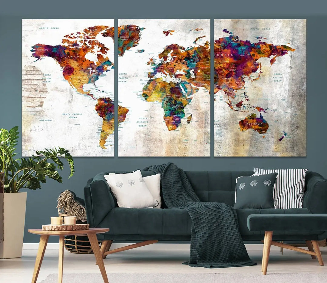 A vibrant "Grunge Map on Canvas Gallery Wall Set of 3 Panels Gift Traveler" adorns the wall, enhanced with a UV-protective coating. This museum-quality canvas piece adds vibrancy and style to your room, complemented by the added bonus of free shipping.