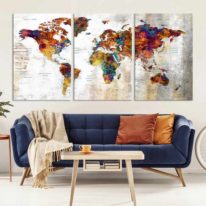 A vibrant "Grunge Map on Canvas Gallery Wall Set of 3 Panels Gift Traveler" adorns the wall, enhanced with a UV-protective coating. This museum-quality canvas piece adds vibrancy and style to your room, complemented by the added bonus of free shipping.