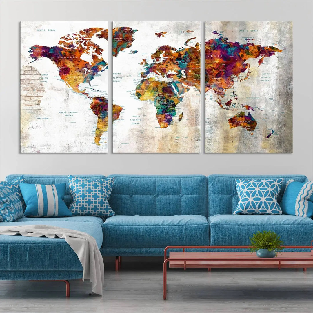 A vibrant "Grunge Map on Canvas Gallery Wall Set of 3 Panels Gift Traveler" adorns the wall, enhanced with a UV-protective coating. This museum-quality canvas piece adds vibrancy and style to your room, complemented by the added bonus of free shipping.