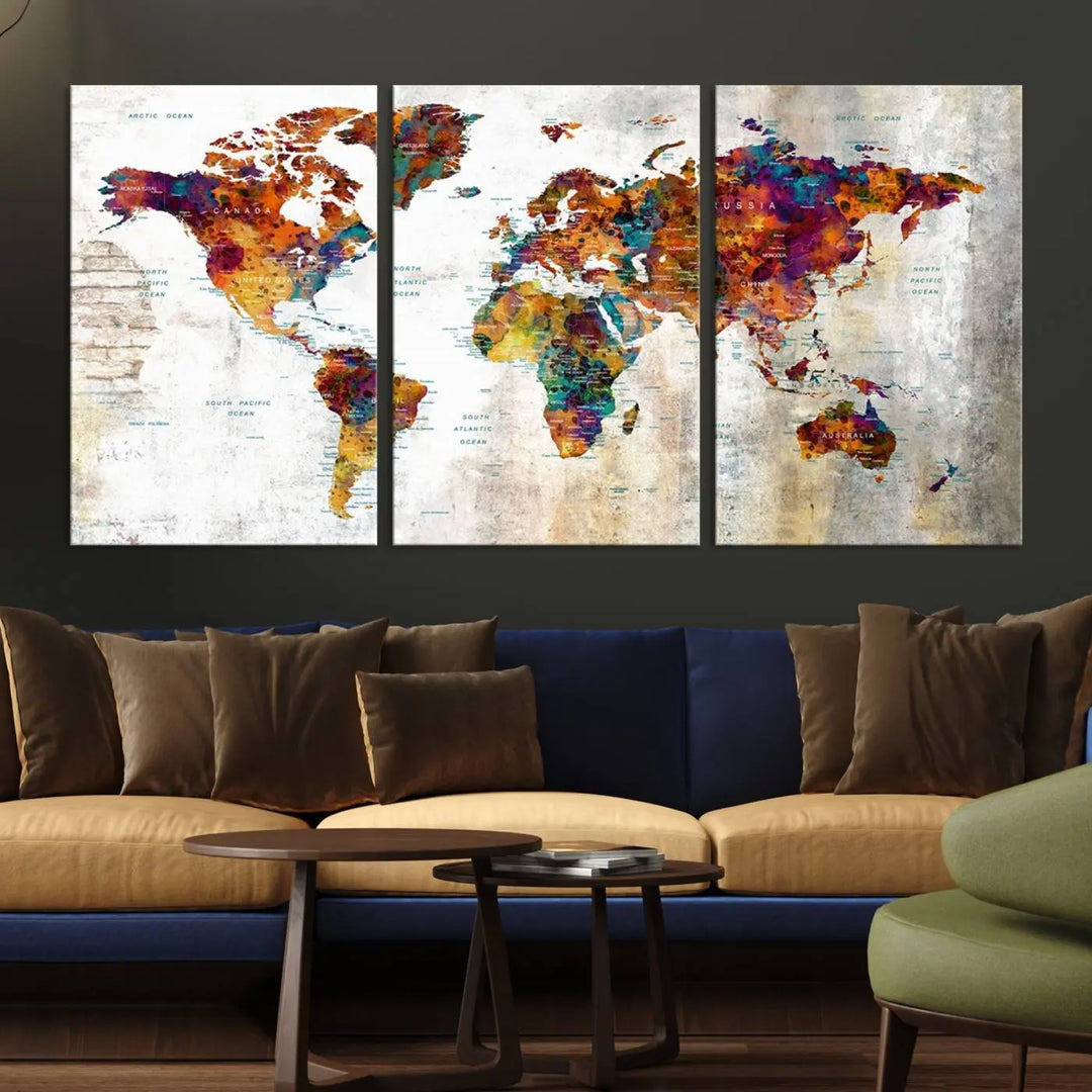 A vibrant "Grunge Map on Canvas Gallery Wall Set of 3 Panels Gift Traveler" adorns the wall, enhanced with a UV-protective coating. This museum-quality canvas piece adds vibrancy and style to your room, complemented by the added bonus of free shipping.