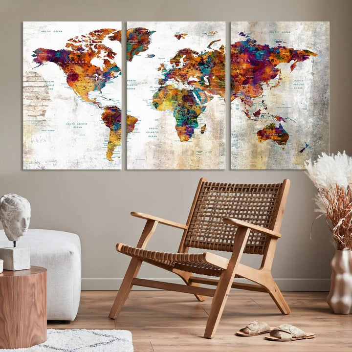 A vibrant "Grunge Map on Canvas Gallery Wall Set of 3 Panels Gift Traveler" adorns the wall, enhanced with a UV-protective coating. This museum-quality canvas piece adds vibrancy and style to your room, complemented by the added bonus of free shipping.