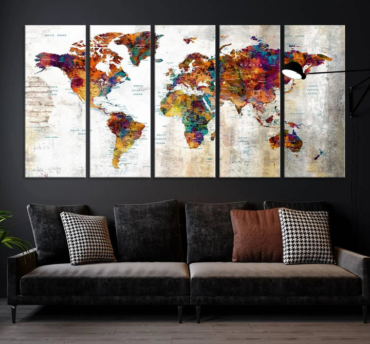 A vibrant "Grunge Map on Canvas Gallery Wall Set of 3 Panels Gift Traveler" adorns the wall, enhanced with a UV-protective coating. This museum-quality canvas piece adds vibrancy and style to your room, complemented by the added bonus of free shipping.