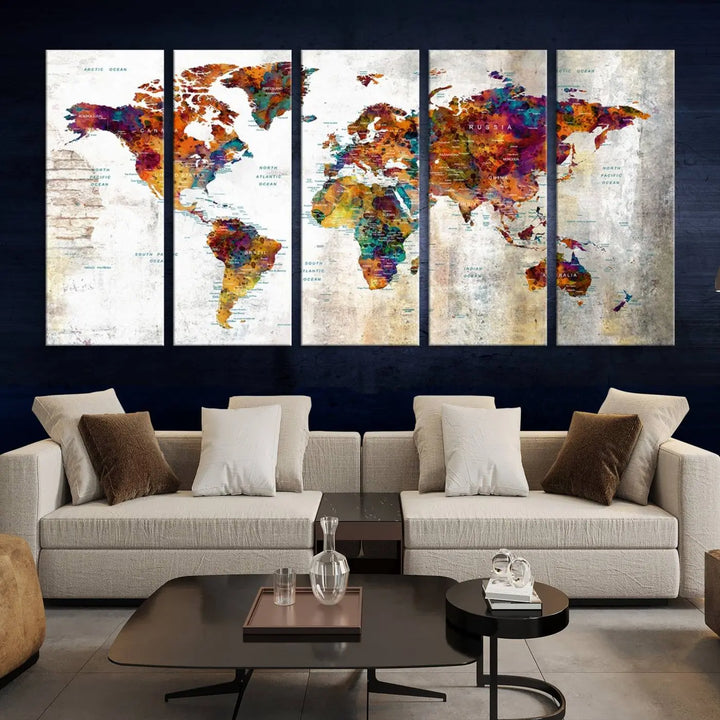 A vibrant "Grunge Map on Canvas Gallery Wall Set of 3 Panels Gift Traveler" adorns the wall, enhanced with a UV-protective coating. This museum-quality canvas piece adds vibrancy and style to your room, complemented by the added bonus of free shipping.