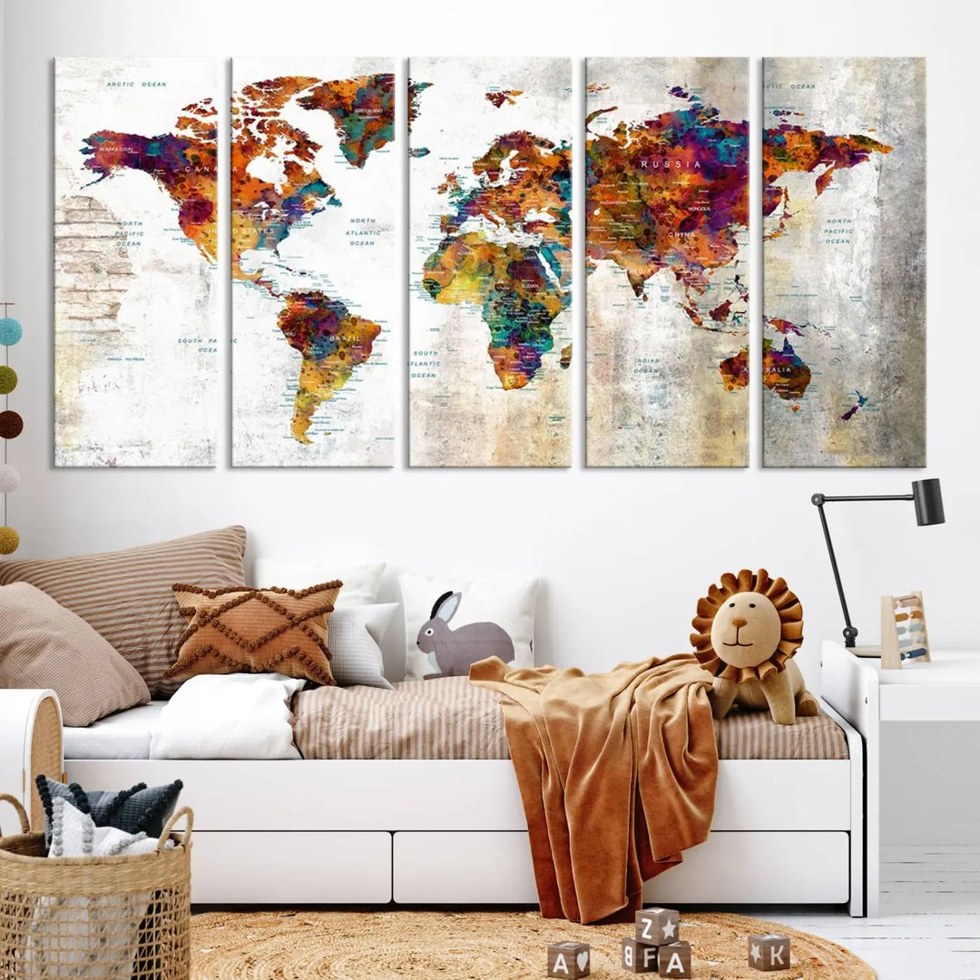 A vibrant "Grunge Map on Canvas Gallery Wall Set of 3 Panels Gift Traveler" adorns the wall, enhanced with a UV-protective coating. This museum-quality canvas piece adds vibrancy and style to your room, complemented by the added bonus of free shipping.